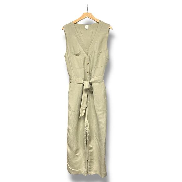 A New Day Jumpsuit Size L Linen Blend Wide Leg Cropped Button Front Belted Tan - Picture 8 of 8